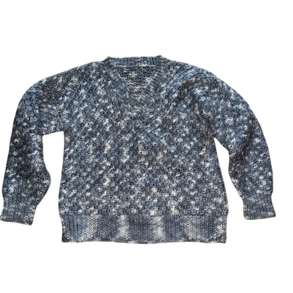 Handmade Crochet Sweater unisex XL Blue/Gray White Speckled V-Neck Pullover cozy
